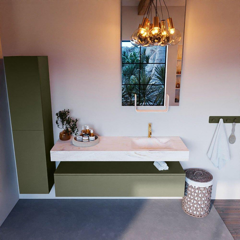 Mondiaz ALAN-DLUX Ensemble de meuble - 150cm - meuble Army mat - 1 tiroir - Lavabo Cloud Ostra suspendu - vasque Droite - 1 trou de robinet SW807716