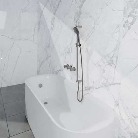 Fortifura Nebbio Ensemble combiné de bain - mitigeur thermostatique - barre de glissement avec coude mural intégré - flexible de douche métallique - douchette ronde - Remplissage-vidage de baignoire - inox brossé PVD (inox) SW1238046