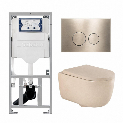 QeramiQ Dely Swirl Toiletset - 36.3x51.7cm - Geberit UP320 inbouwreservoir - met Burda frame - 35mm zitting - geborsteld messing bedieningsplaat - ronde knoppen - mat beige SW1138590