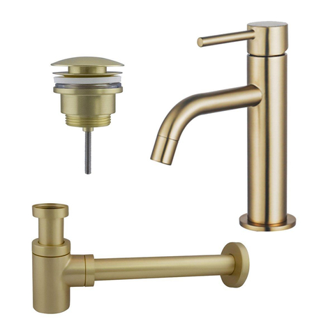 Fortifura Calvi Slim Wastafelkraanset - lage wastafelkraan - klikwaste plug - verlaagde design - sifon - PVD - geborsteld messing (goud) SW891973