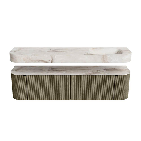 MONDIAZ THOR-DLUX 180cm meuble de salle de bains arrondi gauche + droite couleur Shadow avec 2 tiroirs et 2 portes. Vasque suspendue CLOUD Droite 1 trou de robinet couleur Frappe. SW1466060