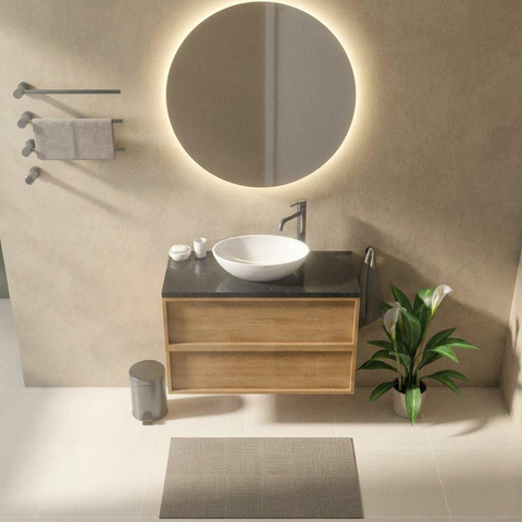 Saniclass Holz Frame Badkamermeubelset - 100x45x63cm - Noche basalten wastafelblad gepolijst (zwart) - 1 kraangat - 2 lades - mat eiken natural (hout) SW1579908