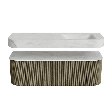 MONDIAZ THOR-DLUX 140cm badmeubel ronding links + rechts kleur Shadow met 1 lade en 2 deuren. Vrijhangende wastafel CLOUD Rechts zonder kraangat kleur Opalo. SW1464182