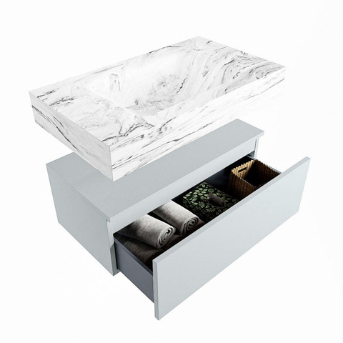 Mondiaz ALAN-DLUX Ensemble de meuble - 80cm - meuble Clay mat - 1 tiroir - Lavabo Cloud Glace suspendu - vasque Centre - 0 trous de robinet SW806091