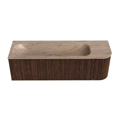 MONDIAZ KURVE-DLUX Meuble de salle de bains 145 cm arrondi à droite couleur Walnut avec 1 tiroir et 1 porte. Lavabo BIG LARGE à gauche 2 trous de robinet Saba. SW1433197