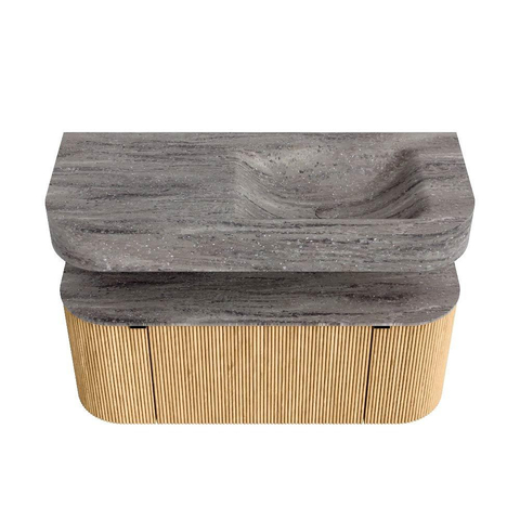 MONDIAZ THOR-DLUX 110cm meuble de salle de bains arrondi gauche + droite couleur Oak avec 1 tiroir et 2 portes. Vasque suspendue CLOUD Droite sans trou de robinet couleur Oza. SW1463001