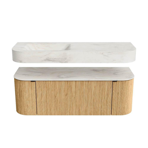MONDIAZ THOR-DLUX 130cm meuble de salle de bains arrondi gauche + droite couleur Oak avec 1 tiroir et 2 portes. Vasque suspendue CLOUD Gauche sans trou de robinet couleur Ostra. SW1463548