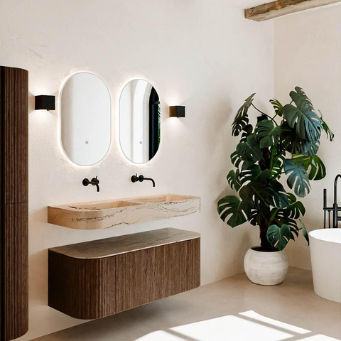 MONDIAZ THOR-DLUX 120cm meuble de salle de bains arrondi gauche + droite couleur Walnut avec 1 tiroir et 2 portes. Vasque suspendue CLOUD Double sans trou de robinet couleur Arena. SW1463446