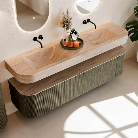 MONDIAZ THOR-DLUX Meuble de salle de bains 180cm arrondi gauche + droite couleur Shadow avec 2 tiroirs et 2 portes. Vasque suspendue CLOUD Double sans trou de robinet couleur Saba. SW1466260
