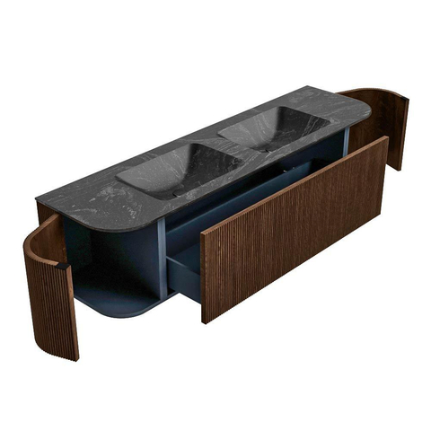 MONDIAZ KURVE-DLUX Meuble de salle de bains 170 cm avec module 25 Len R couleur Walnut avec 1 tiroir et 2 portes. Vasque LEAF double sans trou de robinet couleur Lava. SW1137258