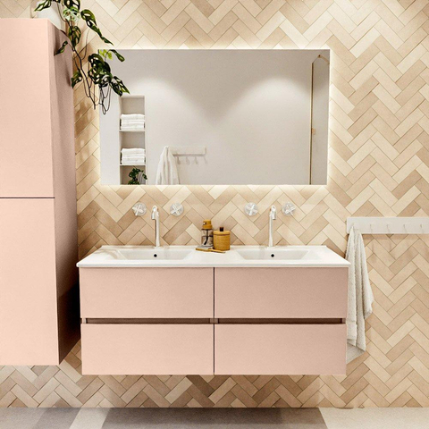 MONDIAZ VICA Ensemble meuble de salle de bains - 120cm - meuble sous-vasque rosee - 4 tiroirs - lavabo denia double - 2 trous de robinet - version haute 60cm - blanc brillant SW1080280