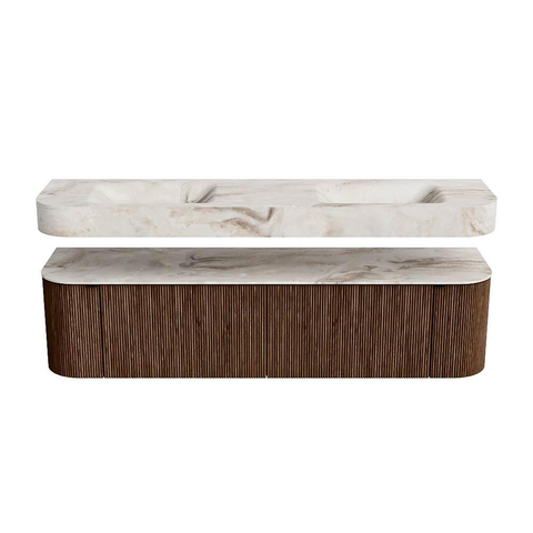 MONDIAZ THOR-DLUX 180cm badmeubel ronding links + rechts kleur Walnut met 2 lades en 2 deuren. Vrijhangende wastafel CLOUD Dubbel 2 kraangaten kleur Frappe. SW1465952