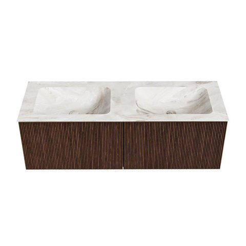 MONDIAZ KURVE-DLUX Meuble de salle de bains 130 cm couleur Walnut avec 2 tiroirs. Lavabo LEAF double sans trou de robinet couleur Frappe. SW1137478