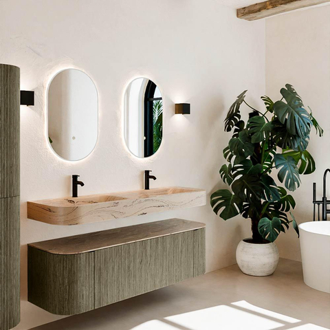 MONDIAZ THOR-DLUX 150cm meuble de salle de bains arrondi gauche + droite couleur Shadow avec 1 tiroir et 2 portes. Vasque suspendue CLOUD Double 2 trous de robinet couleur Arena. SW1464737