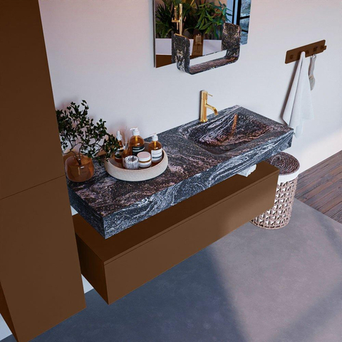 Mondiaz ALAN-DLUX Ensemble de meuble - 130cm - meuble Rust mat - 1 tiroir - Lavabo Cloud Lava suspendu - vasque Droite - 1 trou de robinet SW808409