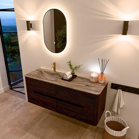 Mondiaz CIRO-DLUX Badkamermeubelset - 130x45x50cm - Solid surface wastafel Sombra - 1 wasbak Links - 1 kraangat - 4 lades - Walnut SW1530771