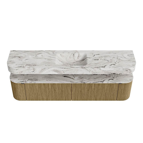MONDIAZ THOR-DLUX 200cm meuble de salle de bains arrondi gauche + droite couleur Dusk avec 2 tiroirs et 2 portes. Vasque suspendue CLOUD Milieu 1 trou de robinet couleur Glace. SW1466859