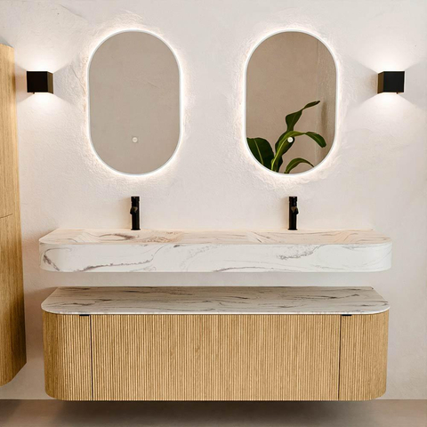 MONDIAZ THOR-DLUX 160cm badmeubel ronding links + rechts kleur Oak met 1 lade en 2 deuren. Vrijhangende wastafel CLOUD Dubbel 2 kraangaten kleur Nata. SW1465245