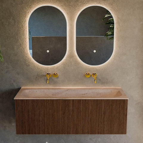 MONDIAZ KURVE-DLUX Meuble de salle de bains 120 cm couleur Walnut avec 1 tiroir et 0 porte. Lavabo BIG LARGE Centre sans trou de robinet Saba. SW1433195