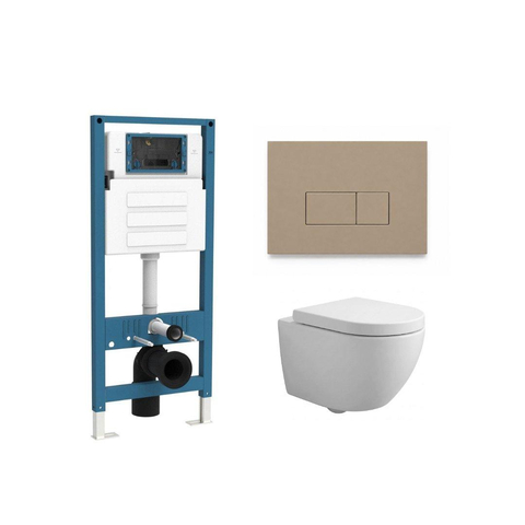 QeramiQ Dely Swirl Compact Toiletset - inbouwreservoir QeramiQ flush - 25mm zitting - kunststof bedieningsplaat taupe - ronde knoppen - mat wit SW1590822