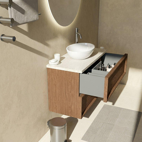 Saniclass Holz Frame Badkamermeubelset - 100x45x63cm - Travertine natuurstenen topblad - 1 kraangat - 2 lades - mat walnut pure (hout) SW1580121