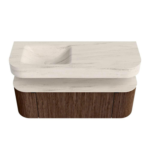 MONDIAZ THOR-DLUX 130cm meuble de salle de bains arrondi gauche + droite couleur Walnut avec 1 tiroir et 2 portes. Vasque suspendue CLOUD Gauche 1 trou de robinet couleur Meli. SW1463805