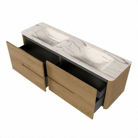 Mondiaz CIRO-DLUX Meuble de salle de bains - 160x45x50cm - Plan-vasque solid surface Nata - 2 lavabos Double - sans trous pour robinet - 4 tiroirs - Chêne SW1531481