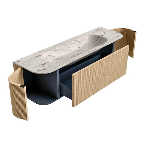 MONDIAZ KURVE-DLUX meuble de salle de bains 150cm arrondi Gauche + Droite couleur Oak avec 1 tiroir et 2 portes. Vasque BIG MEDIUM Centre sans trou de robinet Nata. SW1432100