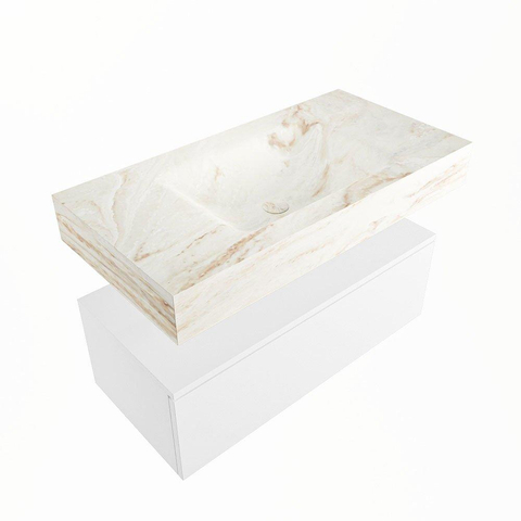 Mondiaz ALAN-DLUX Ensemble de meuble - 90cm - meuble Talc mat - 1 tiroir - Lavabo Cloud Frappe suspendu - vasque Centre - 0 trous de robinet SW804921