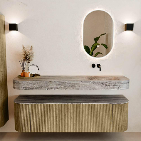 MONDIAZ THOR-DLUX 160cm meuble de salle de bains arrondi gauche + droite couleur Dusk avec 1 tiroir et 2 portes. Vasque suspendue CLOUD Droite sans trou de robinet couleur Oza. SW1465347