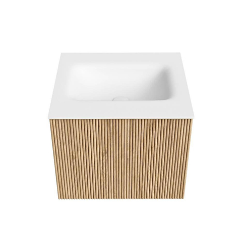 MONDIAZ KURVE Meuble de salle de bains 50cm couleur Oak avec 1 tiroir. Lavabo GRUNNE central 1 trou de robinet Talc. SW1138137