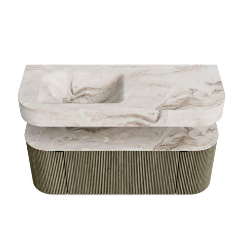 MONDIAZ THOR-DLUX 120cm meuble de salle de bains arrondi gauche + droite couleur Shadow avec 1 tiroir et 2 portes. Vasque suspendue CLOUD Gauche sans trou de robinet couleur Frappe. SW1463150
