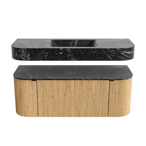 MONDIAZ THOR-DLUX Meuble de salle de bains 120cm arrondi gauche + droite couleur Oak avec 1 tiroir et 2 portes. Vasque suspendue CLOUD Milieu 1 trou de robinet couleur Lava. SW1463084