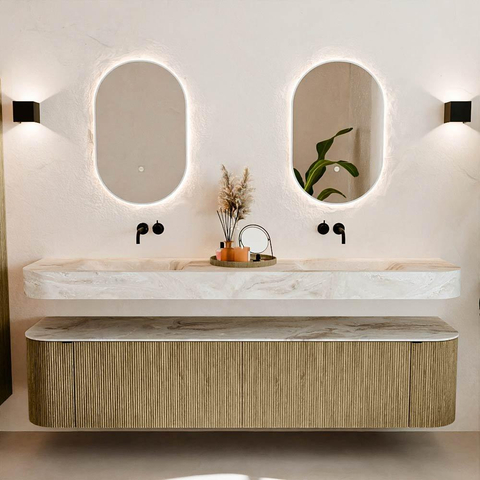 MONDIAZ THOR-DLUX Meuble de salle de bains - 200cm - arrondi gauche + droite - couleur Dusk - 2 tiroirs et 2 portes - Vasque suspendue CLOUD Double sans trou de robinet - couleur Frappe SW1466824