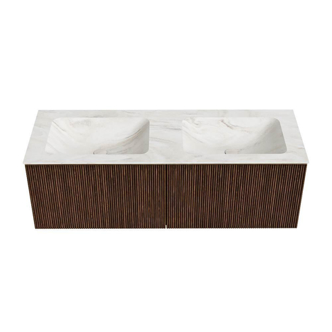 MONDIAZ KURVE-DLUX Meuble de salle de bains 130 cm couleur Walnut avec 2 tiroirs. Lavabo LEAF double sans trou de robinet couleur Ostra. SW1137869