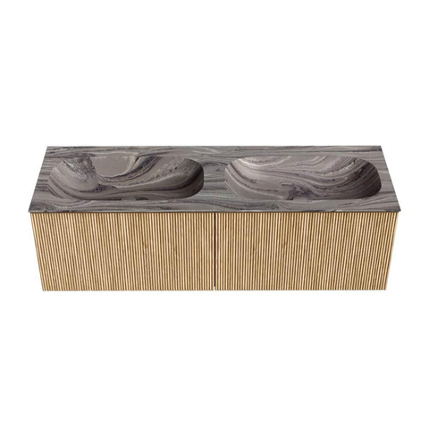 MONDIAZ KURVE-DLUX Meuble de salle de bains 140 cm couleur chêne avec 2 tiroirs et 0 porte. Lavabo STOR SMALL Double sans trou de robinet Sombra. SW1433602