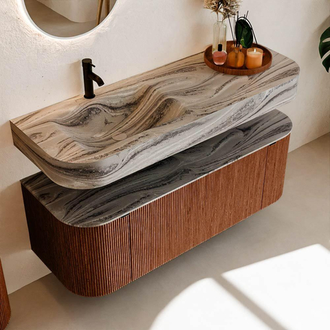 MONDIAZ THOR-DLUX 130cm meuble de salle de bains arrondi gauche + droite couleur Ruby avec 1 tiroir et 2 portes. Vasque suspendue CLOUD gauche 1 trou de robinet couleur Sombra. SW1467661
