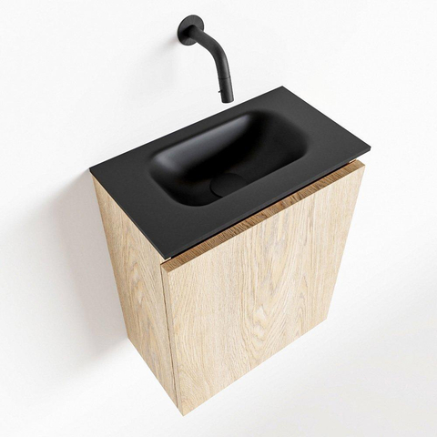 MONDIAZ TURE Fonteinset - 40x23x50cm - 0 kraangaten - 1 deur - washed oak mat - Wasbak midden - Solid Surface Zwart SW475462