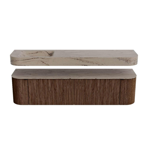 MONDIAZ THOR-DLUX 180cm meuble de salle de bains arrondi gauche + droite couleur Walnut avec 2 tiroirs et 2 portes. Vasque suspendue CLOUD Gauche 1 trou de robinet couleur Arena. SW1466131