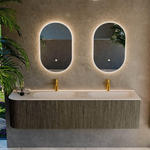 MONDIAZ KURVE-DLUX Meuble de salle de bains 175cm arrondi à gauche couleur Shadow avec 2 tiroirs et 1 porte. Lavabo STOR SMALL Double / Droite 2 trous de robinet Meli. SW1431844