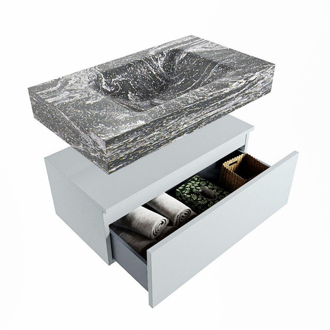 Mondiaz ALAN-DLUX Ensemble de meuble - 80cm - meuble Clay mat - 1 tiroir - Lavabo Cloud Lava suspendu - vasque Centre - 0 trous de robinet SW808449