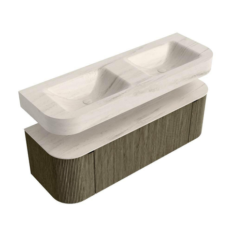 MONDIAZ THOR-DLUX 140cm meuble de salle de bains arrondi gauche + droite couleur Shadow avec 1 tiroir et 2 portes. Vasque suspendue CLOUD Double sans trou de robinet couleur Meli. SW1464406