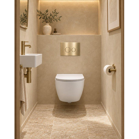 QeramiQ Dely Swirl Compact Toiletset - inbouwreservoir QeramiQ flush - slim zitting - metalen bedieningsplaat messing geborsteld (goud) - ronde knoppen - mat wit SW1590788