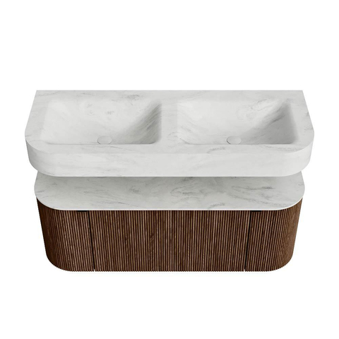 MONDIAZ THOR-DLUX 120cm meuble de salle de bains arrondi gauche + droite couleur Walnut avec 1 tiroir et 2 portes. Vasque suspendue CLOUD Double 2 trous de robinet couleur Opalo. SW1463203
