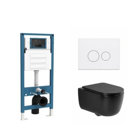 QeramiQ Dely Swirl Ensemble de toilette - réservoir encastré Qeramiq Flush - abattant slim - plaque de commande blanche mate en métal - boutons ronds - noir mat SW1578309