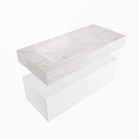 MONDIAZ ALAN - DLUX Ensemble meuble de salle de bains - 100cm - meuble bas - Talc - 1 tiroir - lavabo suspendu - cuve à gauche - 1 trou de robinet - Ostra SW806994