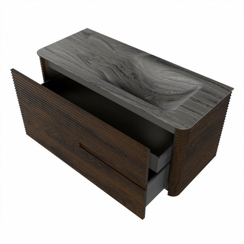 Mondiaz CIRO-DLUX Meuble de salle de bains - 110x45x50cm - Plan vasque solid surface Sombra - 1 lavabo à droite - sans trous de robinetterie - 2 tiroirs - Noyer SW1530723