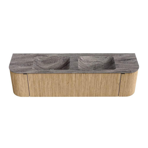 MONDIAZ KURVE-DLUX meuble de salle de bains 170cm arrondi gauche + droite couleur Oak avec 1 tiroir et 2 portes. Plan-vasque LEAF double 2 trous de robinet Oza. SW1432675