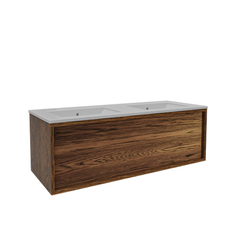 Saniclass Holz Frame Meuble de salle de bain - 120x45x40cm - lavabo en céramique blanc - 2 vasques - sans trous de robinet - 1 tiroirs - Walnut pure SW1437755