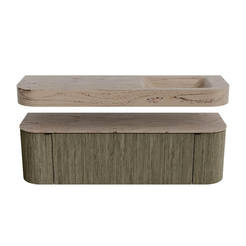 MONDIAZ THOR-DLUX 150cm meuble de salle de bains arrondi gauche + droite couleur Shadow avec 1 tiroir et 2 portes. Vasque suspendue CLOUD Droite 1 trou de robinet couleur Arena. SW1464745